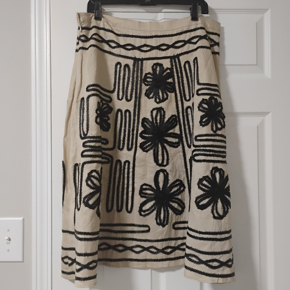Cottage Core 90's Linen Beige Black Embroidered A-Line Boho Skirt 14 Festival - Picture 4 of 11